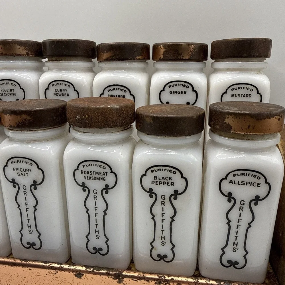 Griffith Milk Glass Black Spice Jar Set, 16 Jars w/ Metal Lids and Rack